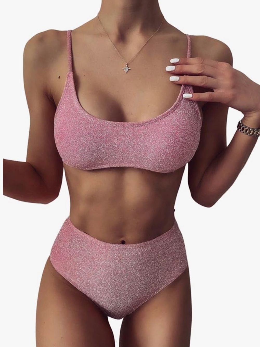 Glitter Sequin High-Waist Pink Bikini Set